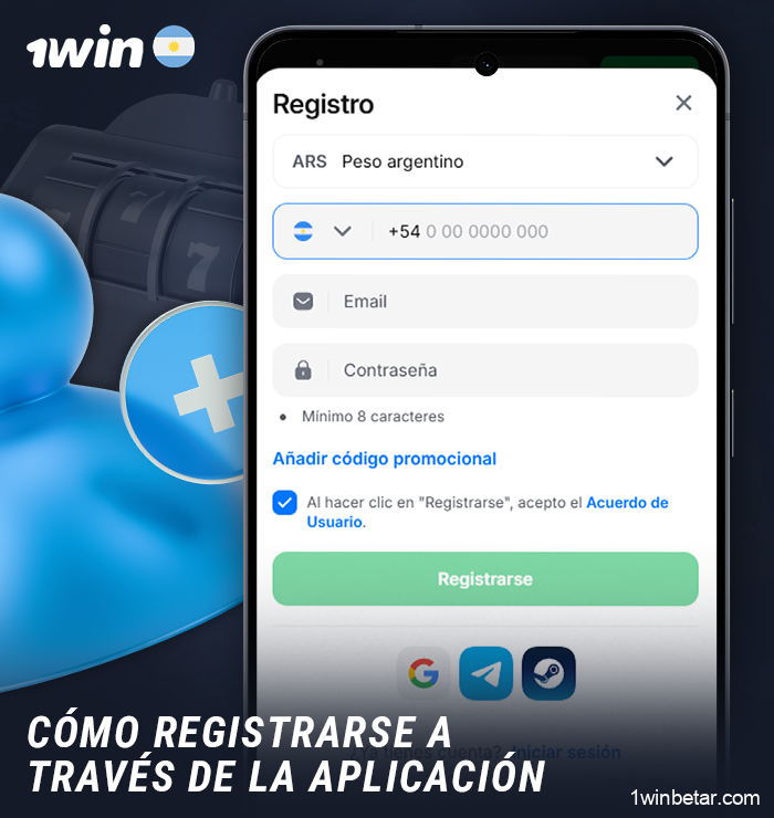 Proceso de registro de una cuenta en la aplicación móvil 1Win