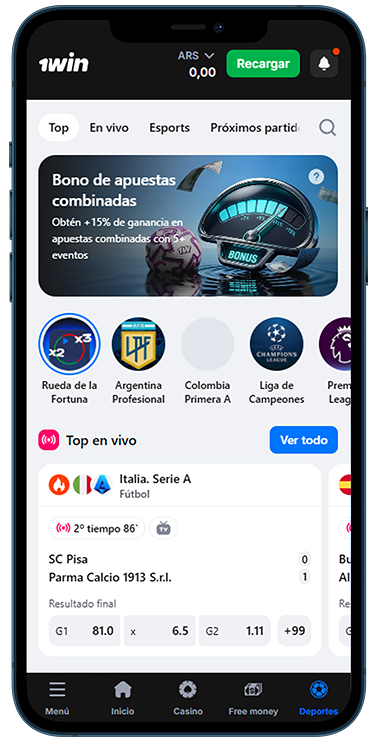 Pantalla de la sección de apuestas deportivas en la aplicación móvil 1Win