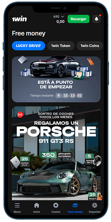 Pantalla de la sección «Free Money» para jugadores argentinos en la aplicación 1Win