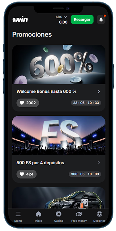 Pantalla de ofertas de bonificación de 1Win en la aplicación móvil