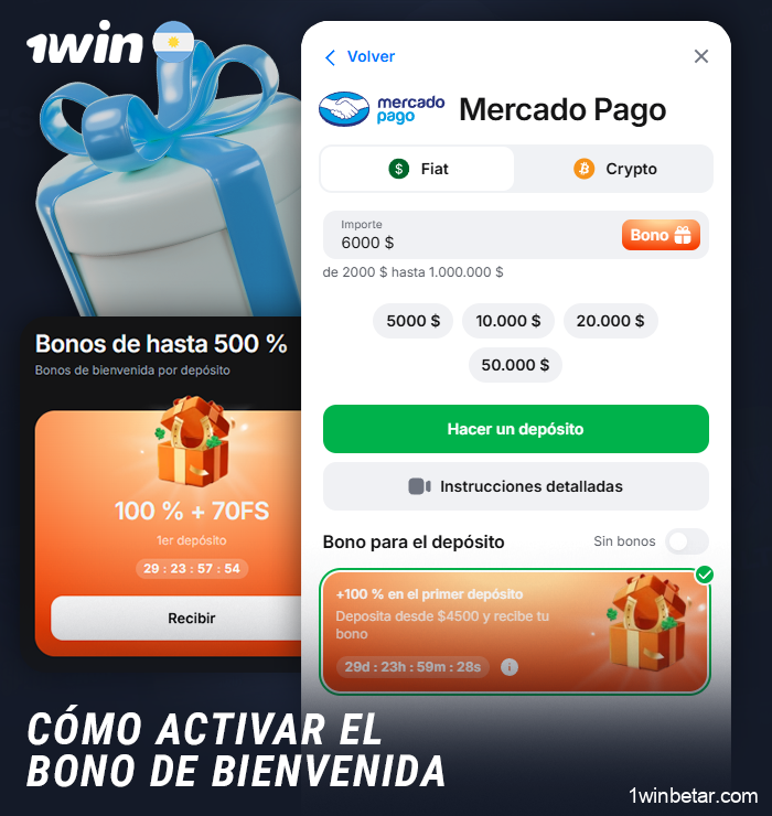 Activa el bono de bienvenida de 1Win tras registrarte y consigue hasta un 500%