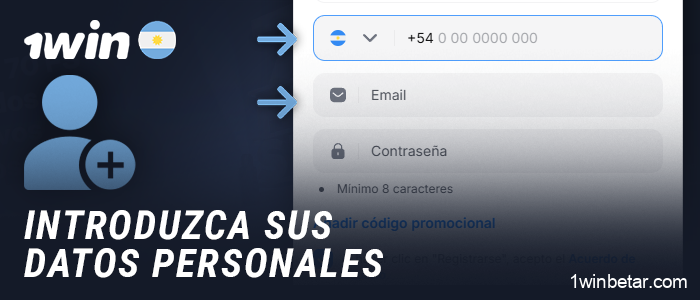 Introduzca sus datos personales para registrar una cuenta en 1Win